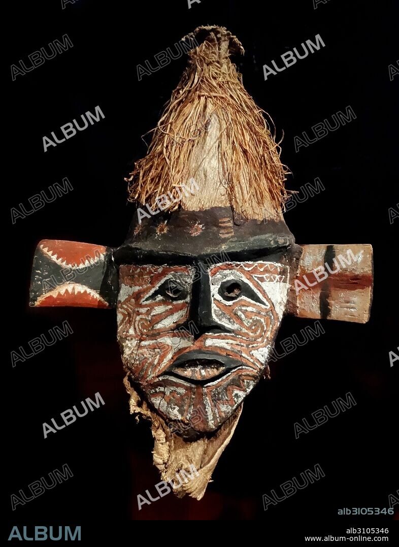 Melanesian tribal Yam mask, made from basketry and painted with natural pigments, from the Island of Nissan, Melanesia. Mid 20th century.