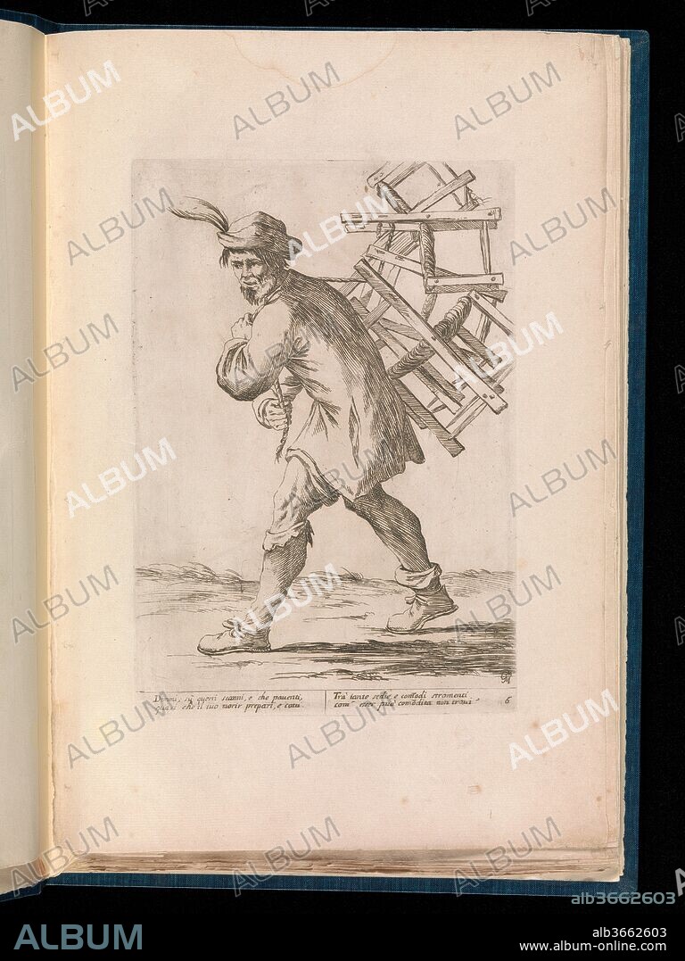Di Bologna l'Arti per via D'An.ibal' Ca.rac. Artist: Giuseppe Maria Mitelli (Italian, Bologna (?) 1634-1718 Bologna); After designs by Annibale Carracci (Italian, Bologna 1560-1609 Rome). Dimensions: 17 3/8 × 12 × 13/16 in. (44.2 × 30.5 × 2 cm). Printer: Re-printed by La Calcografia Camerale. Published in: Rome. Publisher: First published by Giovanni Giacomo De Rossi (Italian, Rome 1627-1691 Rome). Series/Portfolio: Di Bologna l'Arti per via D'An.ibal' Ca.rac. Date: printed 1740.
This album contains a series of 41 plates depicting Bolognese professions. These prints are from the unnumbered third state, first published by Giovanni Giacomo De Rossi and was re-printed by the Calcografia Camerale (Bertarelli).