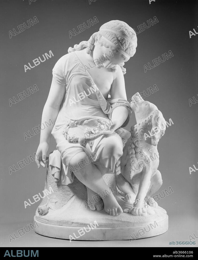 Innocence Protected by Fidelity. Artist: Giovanni Maria Benzoni (Italian, Songavazzo, near Clusone (Lombardy) 1809-1873 Rome). Culture: Italian, Rome. Dimensions: Height: 32 1/4 in. (81.9 cm). Date: 1852.
A pendant group, Riconoscenza, depicts a girl repaying her faithful dog by extracting a thorn from its paw.