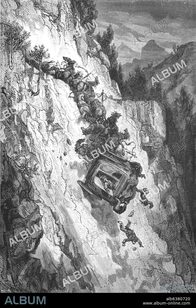 GUSTAVE DORÉ. 'An Accident; An Autumn Tour in Andalusia', 1875. [Stagecoach falling from a mountain road in Spain]. From, 'Illustrated Travels' by H.W. Bates. [Cassell, Petter, and Galpin, c1880, London] Belle Sauvage Works.London E.C.