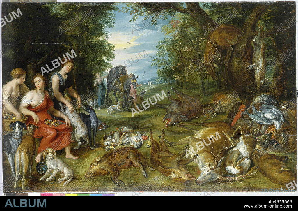 DIANE . Cette peinture, dans laquelle on retrouve des caracteristiques de l'oeuvre de Brueghel est attribuee a Hendrick Van BALEN (1575-1632) et a Hieronymus KESSEL (1510-1632) collaborateur et gendre de Jan I BRUEGHEL. Le theme de la chasse de Diane a ete plusieurs fois traite par Jan Brueghel en collaboration avec d'autres peintres: il se reservait le pasage et les animaux tandis que ses collaborateurs executaient les figures. Musee des Beaux Arts d'Epinal. Credit Photo Prud'Homme / Kharbine Tapabor.