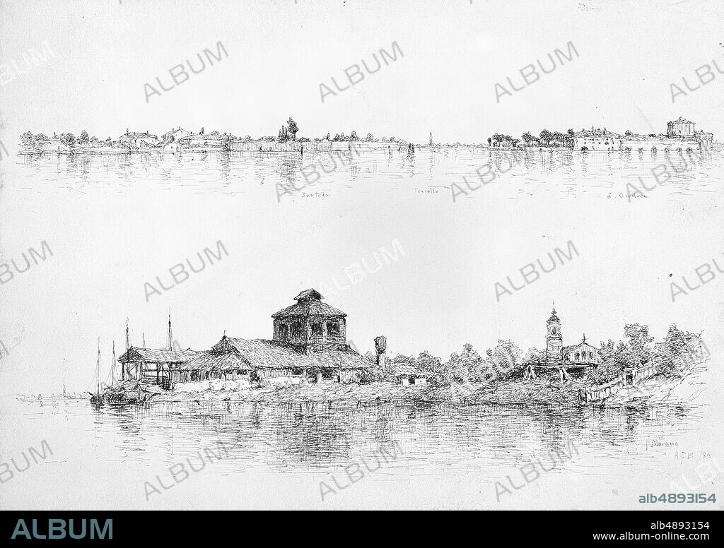 Andrew Fisher Bunner, Two Sketches of Venice: Sartoza, Torcello and S. Andrea; Murano, American, Andrew Fisher Bunner (18411897), 1883, American, Black ink on off-white wove paper, 8 11/16 x 12 1/8 in. (22.1 x 30.8 cm), Drawings.