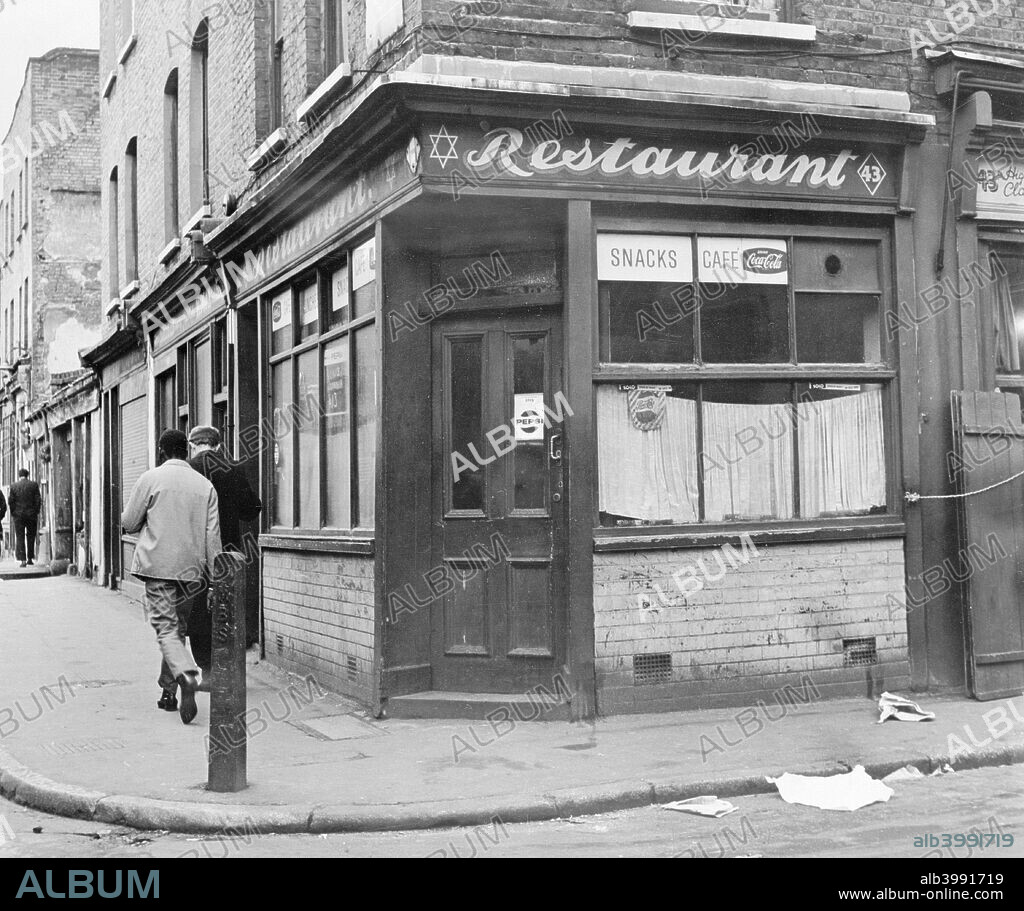 Restaurant on the corner of Old Montague Street, Whitechapel, London. A run down restaurant in the East End of London.