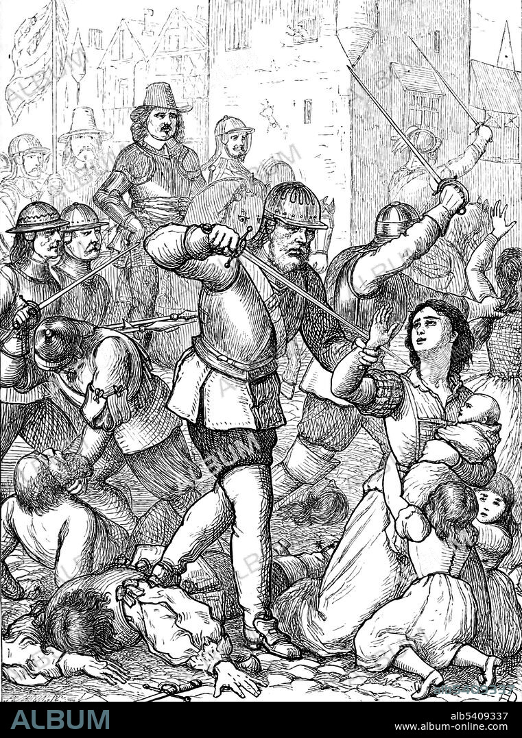 The Siege of Drogheda took place on September 3-11, 1649. The coastal town of Drogheda was held by the Irish Catholic Confederation and English Royalists under the command of Arthur Aston when it was besieged by Parliamentarian forces under Oliver Cromwell. After Aston rejected an offer to surrender, the town was stormed and much of the garrison was executed and hundreds, possibly thousands of civilians were killed by the Parliamentarian troops. The outcome of the siege and the extent to which civilians were targeted is a significant topic of debate among historians. An Illustrated History of Ireland by Mary Francis Cusack, 1868 (cropped and cleaned).