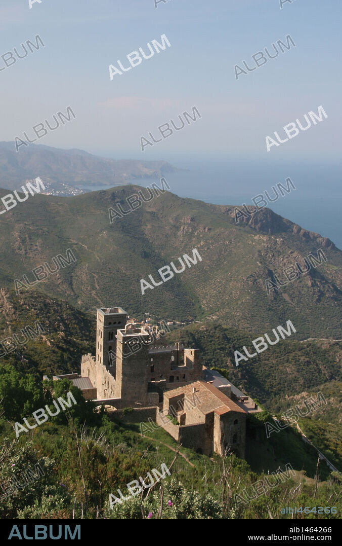 Monastery of Sant Pere de Roda (St Peter of Roses). Founded around the year 900. Benedictine monastery. The present building is dated 11th century.  Panoramic view.Cap de Creus. Alt Emporda region. Girona province. Catalonia. Spain. Europe.