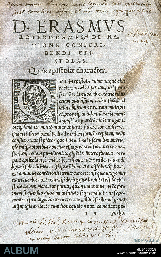 ERASMO DE ROTTERDAM, Desiderio (1466/69-1536) Humanista holandés. "RATIONE CONSCRIBENDI EPISTOLAS". Primera página. Edición impresa en Basilea en 1522.