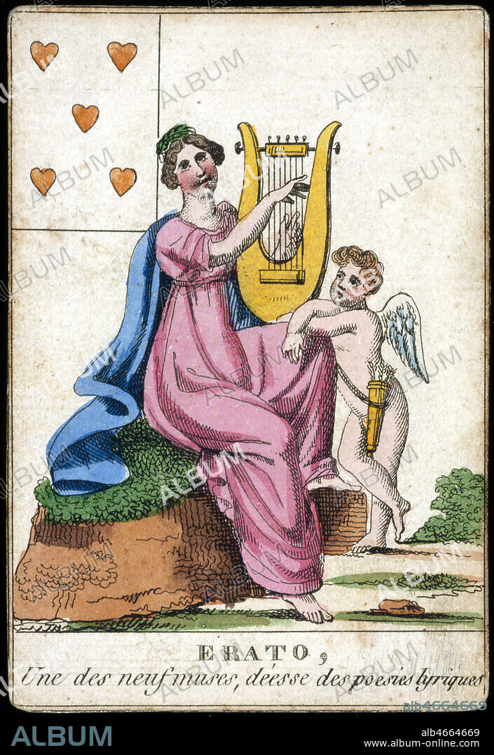 ERATO, une des neuf muses, deesse de la poesie lyrique dans la mythologie grecque. Jeu de cartes mythologiques debut XIXeme siecle, vers 1810. Collection IM/KHARBINE-TAPABOR.