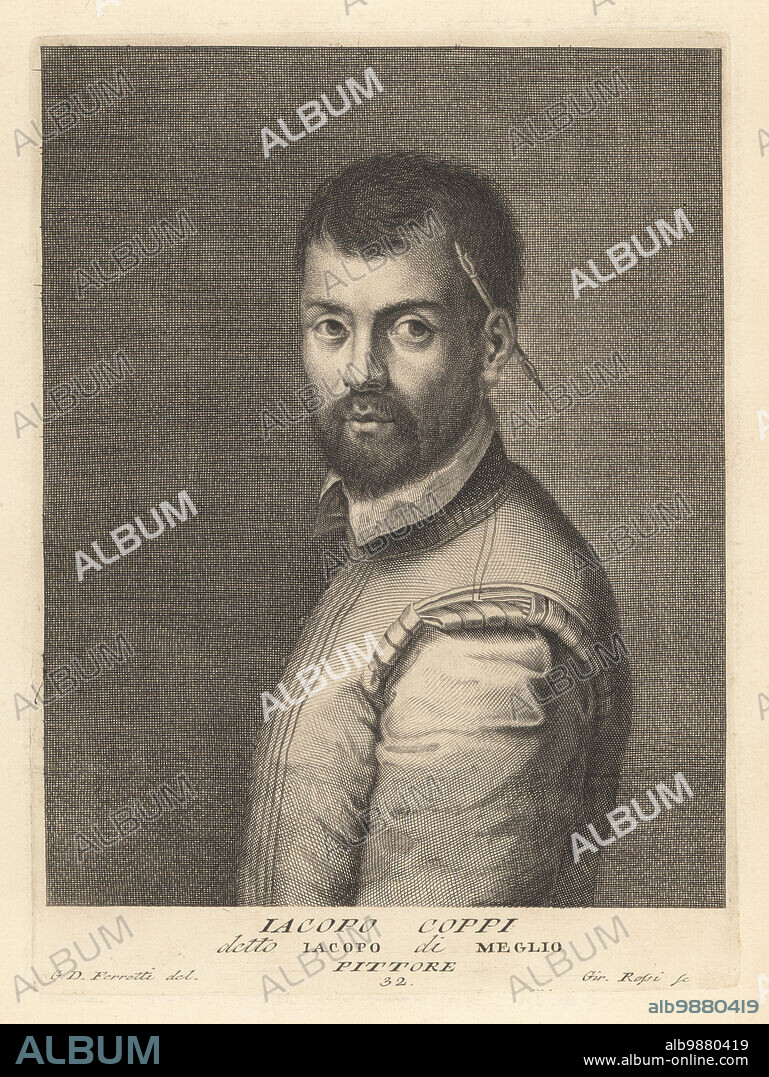 Jacopo Coppi, or Giacomo Coppi, Italian history painter, mainly active in Florence and Rome, 1523-1591. With a paintbrush behind his ear. Iacopo del Meglio, Pittore. Copperplate engraving by Girolamo Rossi after Giovanni Domenico Campiglia after a self portrait by the artist from Francesco Moucke's Museo Florentino (Museum Florentinum), Serie di Ritratti de Pittori (Series of Portraits of Painters) stamperia Mouckiana, Florence, 1752-62.