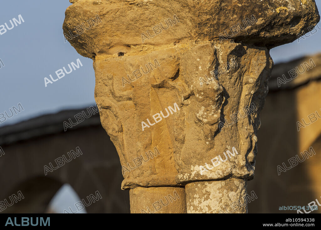 Santa Maria de Eunate church , Romanesque figurative capital,, 12th century, Ilzarbe Valley, Navarra, Spain.