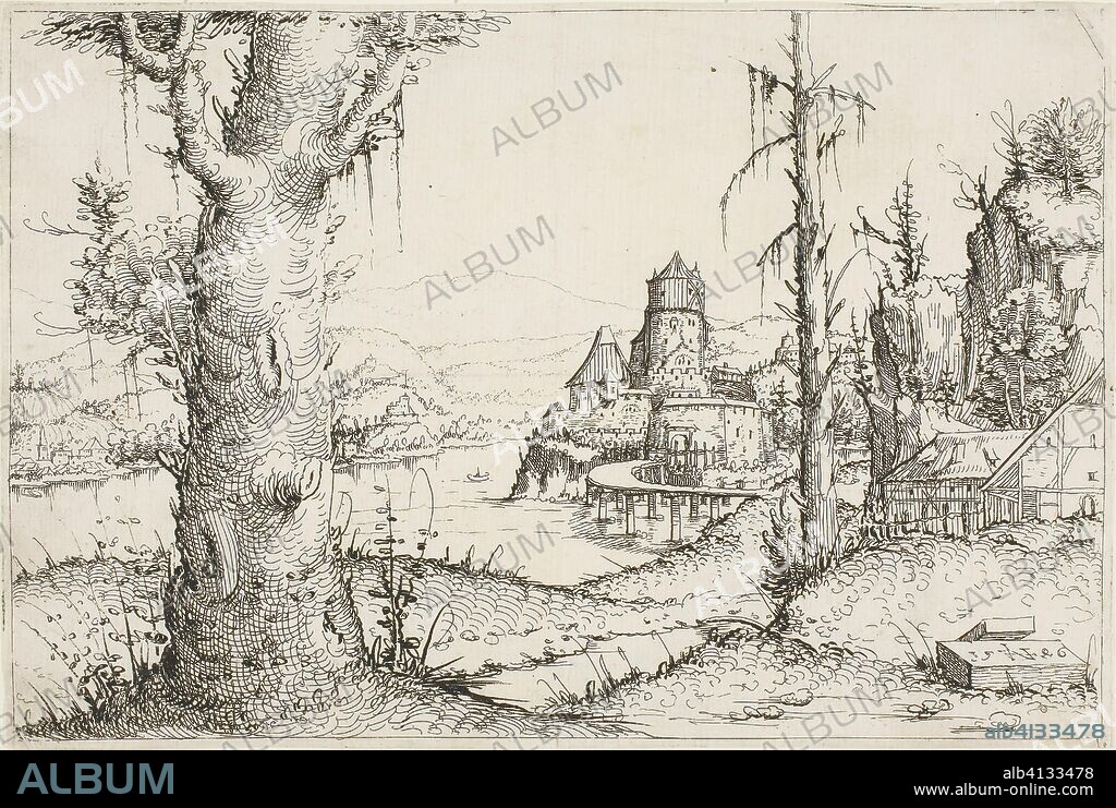 River Landscape with Large Tree in Foreground. Augustin Hirschvogel; German, 1503-1553. Date: 1546-1547. Dimensions: 142 x 211 mm. Etching on paper. Origin: Germany.