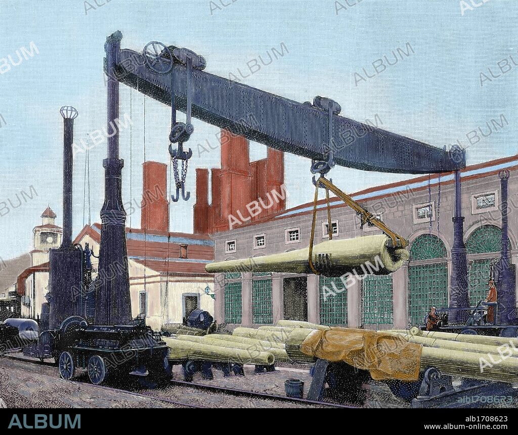 ECONOMIA S. XIX. ASTURIAS. FABRICA DE TRUBIA. Maniobra de montar en el "truck" de trasporte los cañones con destino al acorazado "Pelayo". Grabado por RICO. "La Ilustración Española y Americana". Año 1872. Coloreado.