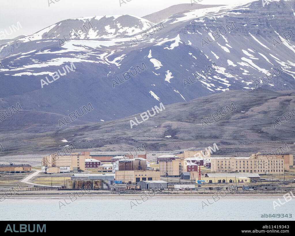 A view of the abandoned coal mining town of Pyramiden, Spitsbergen, Svalbard, Norway, Europe.