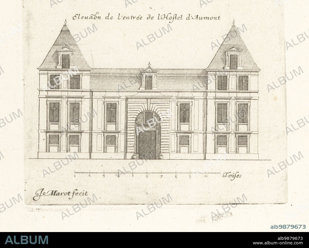 Elevation of the entrance to the Hotel d'Aumont, a grand house or hotel particulier at 7, rue de Jouy, Paris. Built by Louis le Vau and remodeled by Francois Mansart, Michel Villedo and landscape gardener Andre le Notre for the ducs d'Aumont. Elevation de l'entree de l'Hotel d'Aumont. Copperplate engraving drawn and engraved by Jean Marot from his Recueil des Plans, Profils et Elevations de Plusieurs Palais, Chasteaux, Eglises, Sepultures, Grotes et Hotels,Collection of Plans, Profiles and Elevations of Palaces, Castles, Churches, Tombs, Grottos and Hotels, chez Mariette, Paris, 1655.