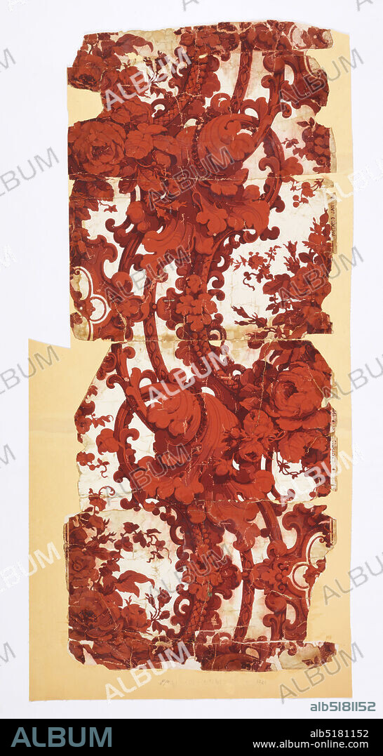 Sidewall, Block-printed on paper, Shaded wine red, baroque scrollwork, flowers on white ground. Printed in selvedge: 'Patented Jany 8, 1904.' Rococo revival style design., USA, 1904, Wallcoverings, Sidewall.
