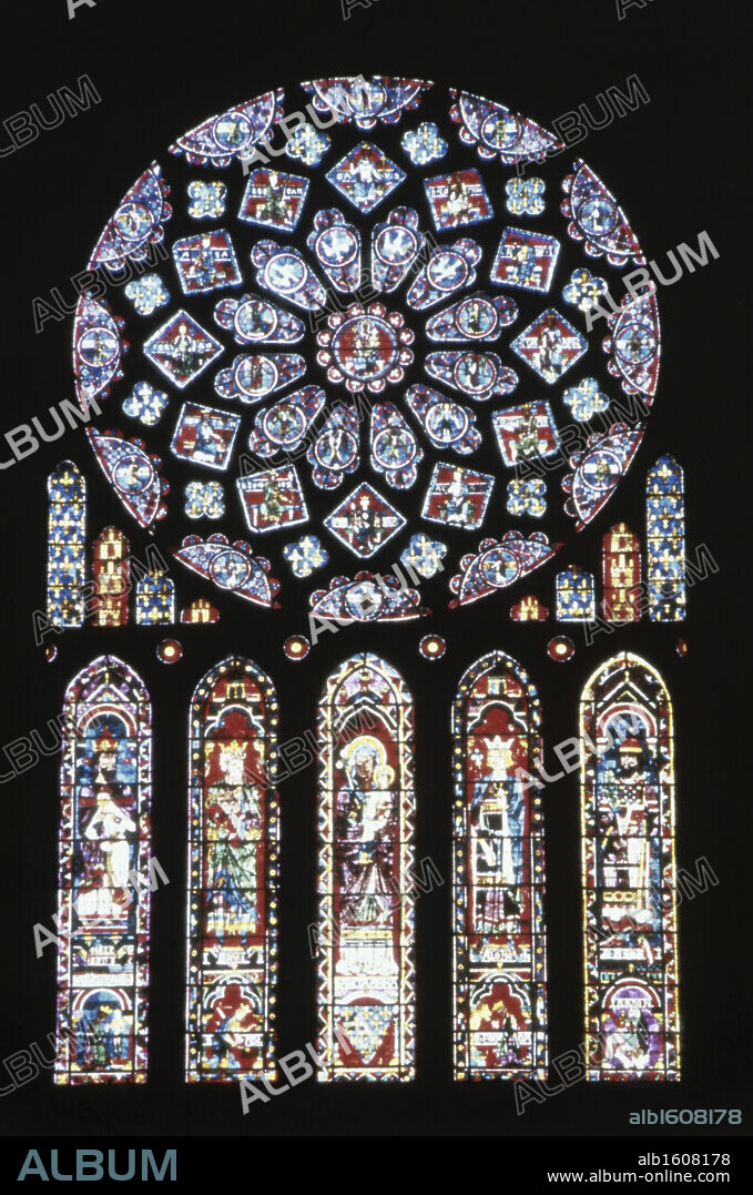 ARTIST UNKNOWN. Rose Window and Lancets  Stained Glass  Chartres Cathedral, France.