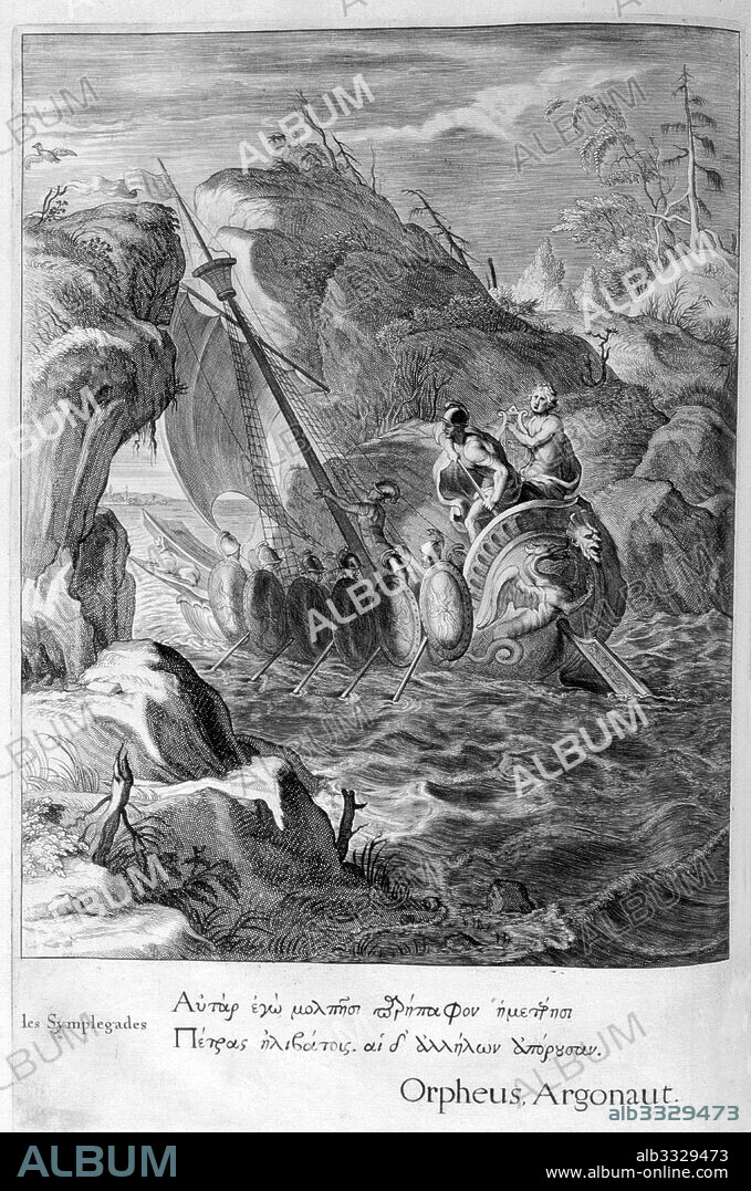 Jason and the Argonauts sail through the Symplegades (Clashing Rocks). Engraving depicting Jason and the Argonuats from 'Tableaux du temple des muses' (1655) by Michel de Marolles (1600 - 1681), known as the abbe de Marolles; a French churchman and translator. The Argonauts were a band of heroes in Greek mythology, who in the years before the Trojan War, around 1300 BC, accompanied Jason to Colchis in his quest to find the Golden Fleece.