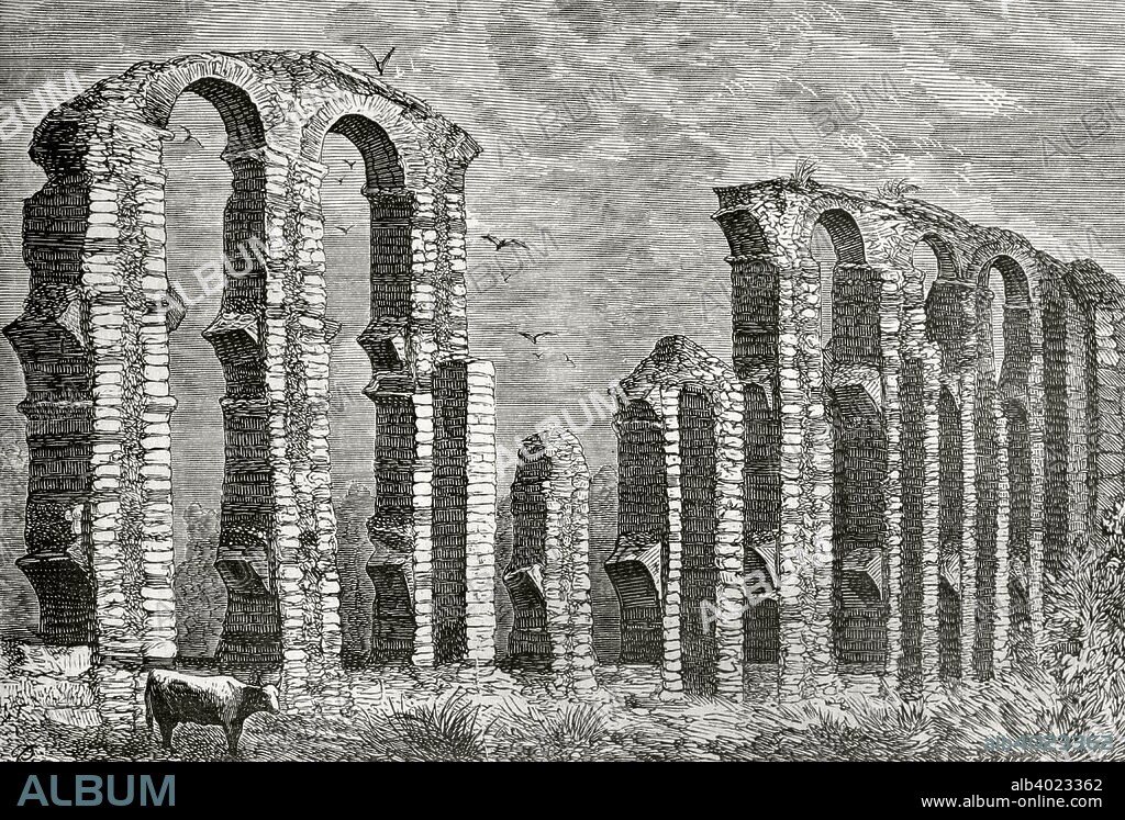 España. Extremadura. Mérida (provincia de Badajoz). Ruinas del acueducto romano de "Los Milagros". Grabado. Crónica General de España, Historia Ilustrada y Descriptiva de sus Provincias. Extremadura, 1870. Biblioteca Histórico Militar de Barcelona. Cataluña, España.