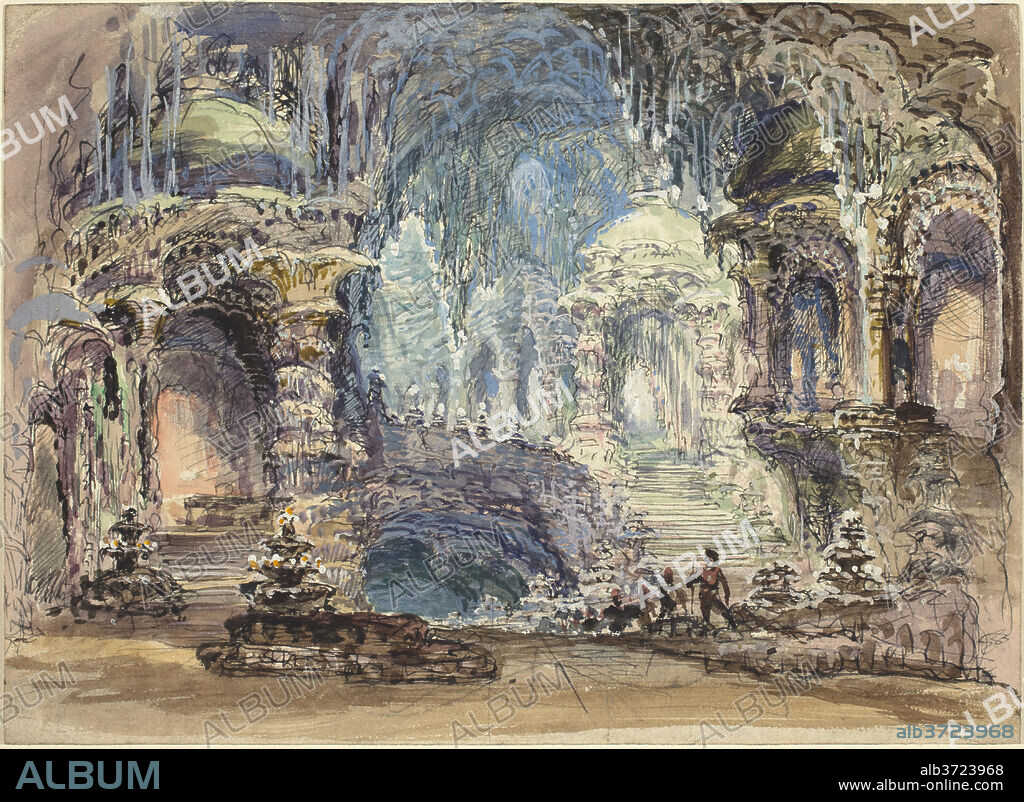 ROBERT CANEY. Fantastic Pavilions in a Grotto. Dimensions: sheet: 17.4 x 23.9 cm (6 7/8 x 9 7/16 in.). Medium: pen and black ink with watercolor and gouache over graphite on wove paper.