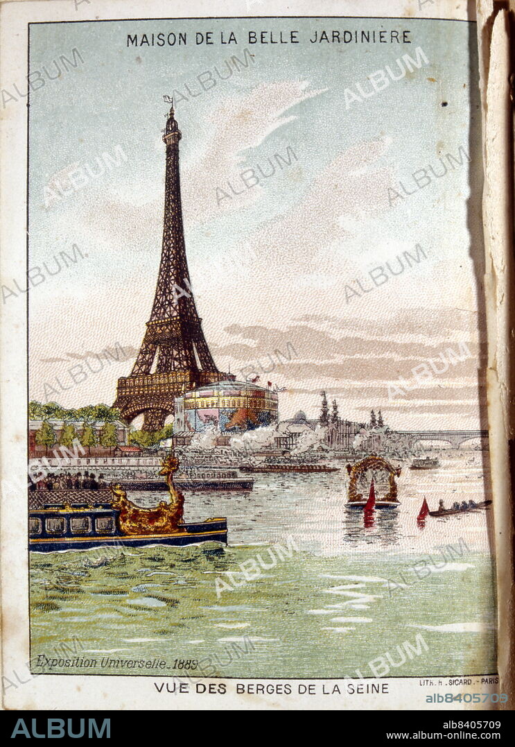 Exposition Universelle (World Fair) Paris, 1889; a coloured illustration of the view of canal boats on the Seine looking over the river at the Eiffel Tower.