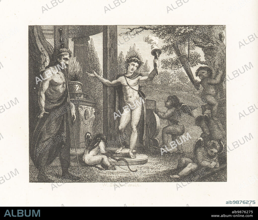 Cupid, Hymen and Plutus. The Greek gods of love, marriage and wealth meeting in a temple in a grove. Cupids with bow and quiver of arrows, Hymen with torch, and Plutus with staff. Copperplate engraving by William Skelton after an illustration by William Kent from Fables by John Gay, with a Life of the Author, John Stockdale, London, 1793.