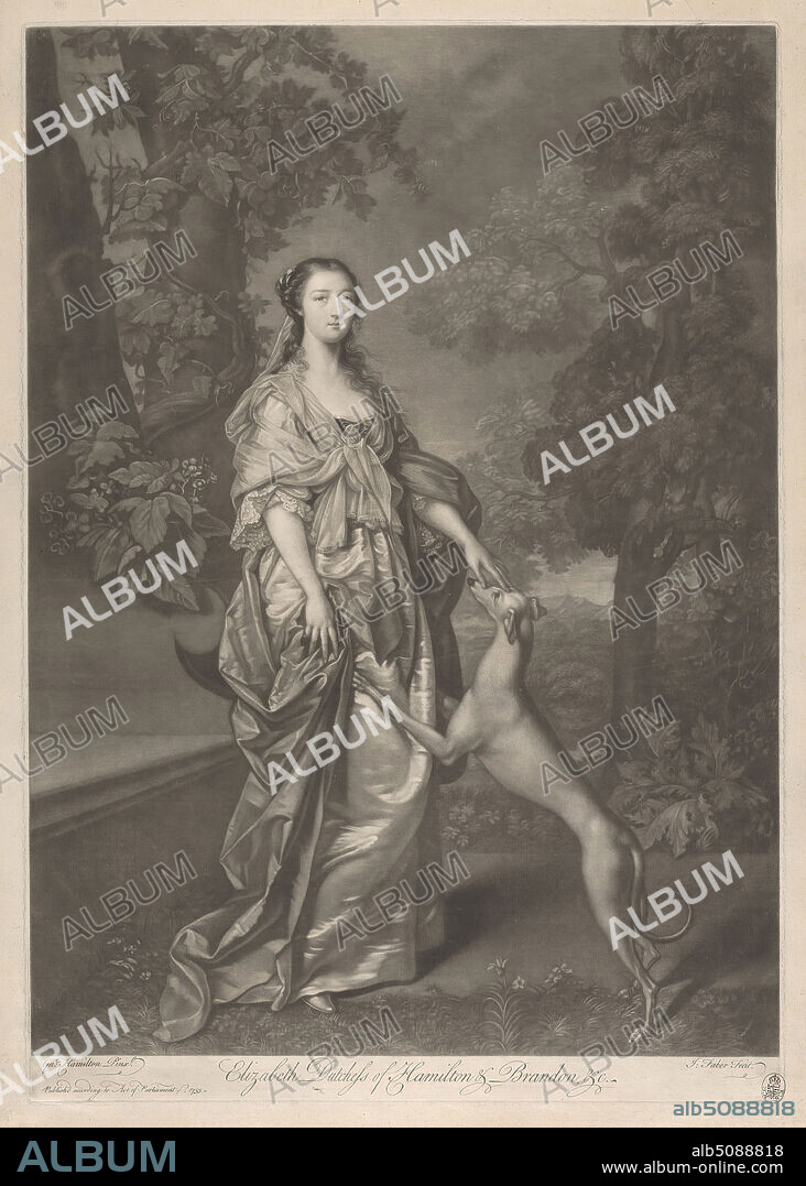 Elizabeth, Duchess of Hamilton, Print made by John Faber the Younger, ca. 16951756, Netherlandish, active in Britain, after Gavin Hamilton, 17231798, British, active in Italy (174448 and 1756 on), 1753, Mezzotint on medium, slightly textured, cream laid paper, Sheet: 21 × 15 1/4 inches (53.3 × 38.7 cm), Plate: 20 × 14 inches (50.8 × 35.6 cm), and Image: 19 × 13 7/8 inches (48.3 × 35.2 cm).
