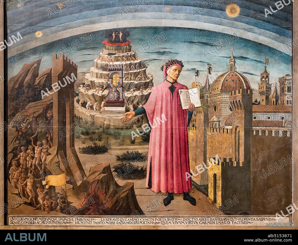 The Divine Comedy illuminates Florence, also known as Dante Alighieri's Divine Comedy. Fresco by Domenico di Michelino (1465), designed by Alessio Baldovinetti, Florence, Cathedral of Santa Maria del Fiore (Duomo).. Right: view of Florence, as an allegory of Paradise; it is one of the first views with the dome of the cathedral completed. In the center Dante holding the book with the opening words of the Divine Comedy. Left: the Purgatory hill and the Hell.