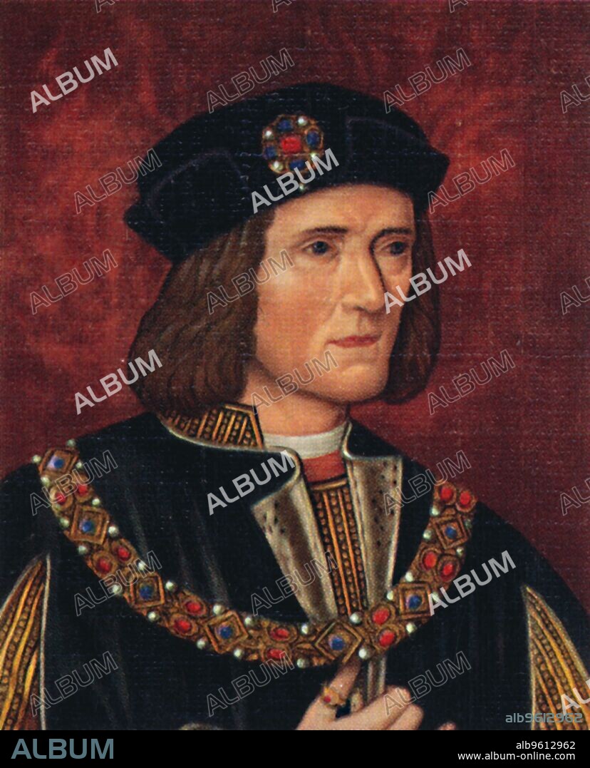 'Richard III', 1935. Richard (1452-1485) was King of England from 1483 until his death and the last king from the House of York. After the death of his brother King Edward IV, Richard briefly governed as a regent for Edward's son King Edward V. From Kings & Queens of England - A Series of 50. [John Player & Sons, London, 1935].
