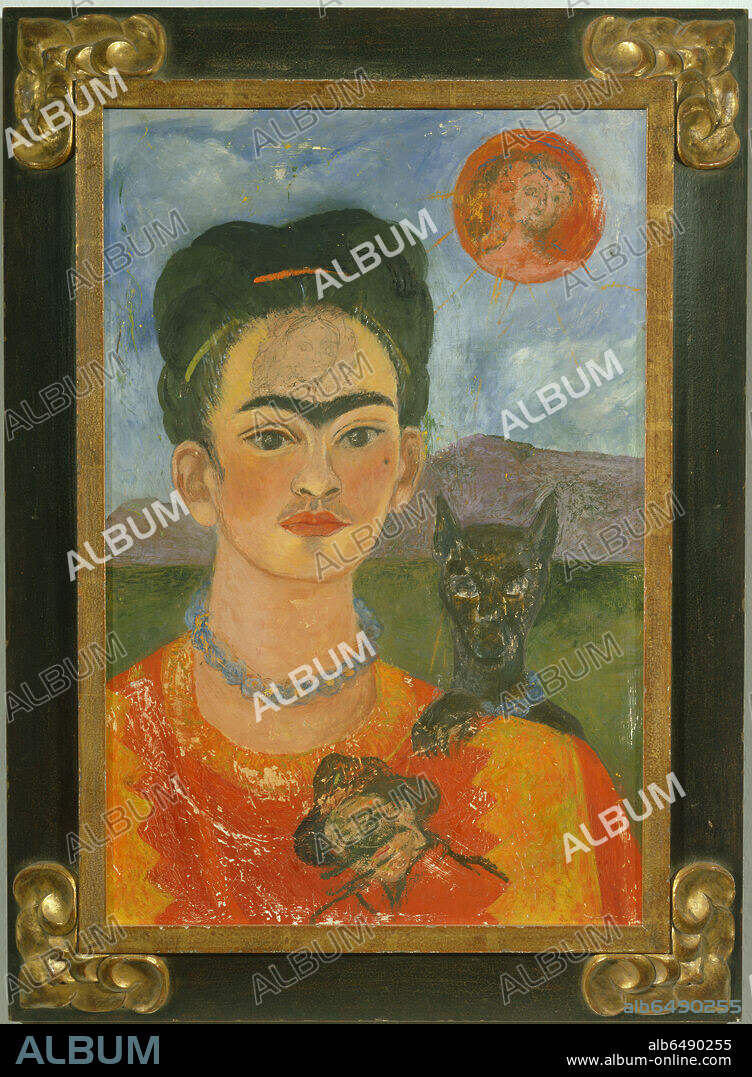 FRIDA KAHLO. Self-Portrait with the Image of Diego on my Breast an MarÃ­a Between my Eyebrows, 1953/54. 
 
Private Collection.