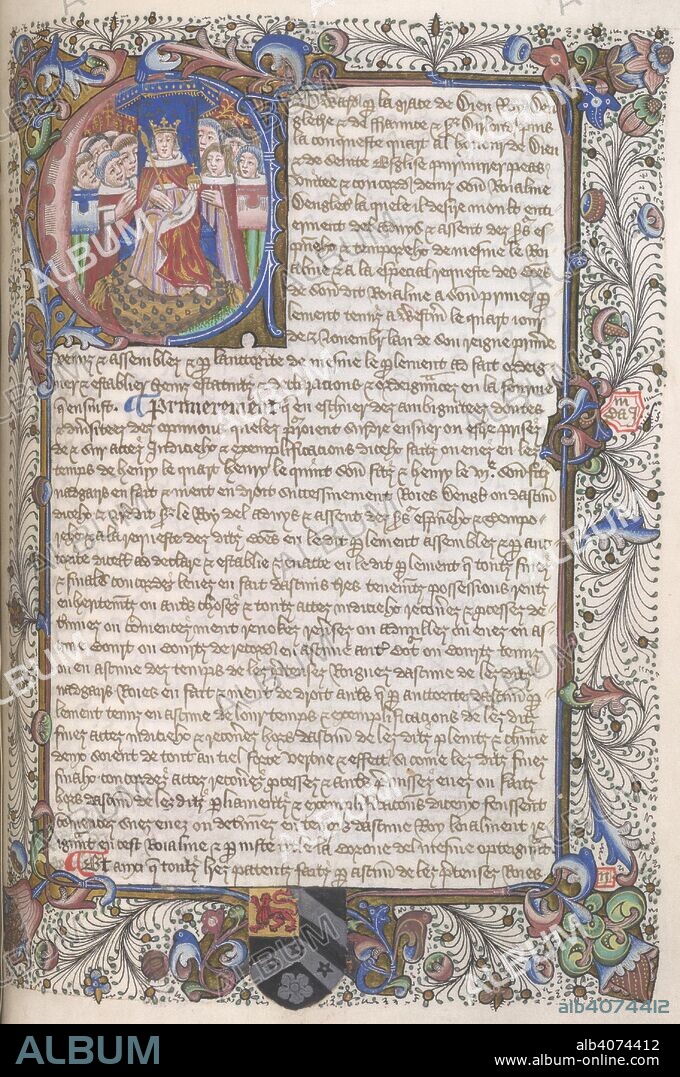 Historiated initial 'E'(dward) of Edward IV enthroned, holding an orb and sceptre, with religious and lay men to his right and left, respectively, at the beginning of the statues issued during his reign. The Gill/Gyll arms are in the lower border. Nova Statuta , 1 Edward III to 3 Henry VII (ff. 50-350v), preceded by an alphabetical list of contents (ff. 1-49). England, S. E. (London); 1488 or 1489. Source: Hargrave 274, f.274. Language: French.