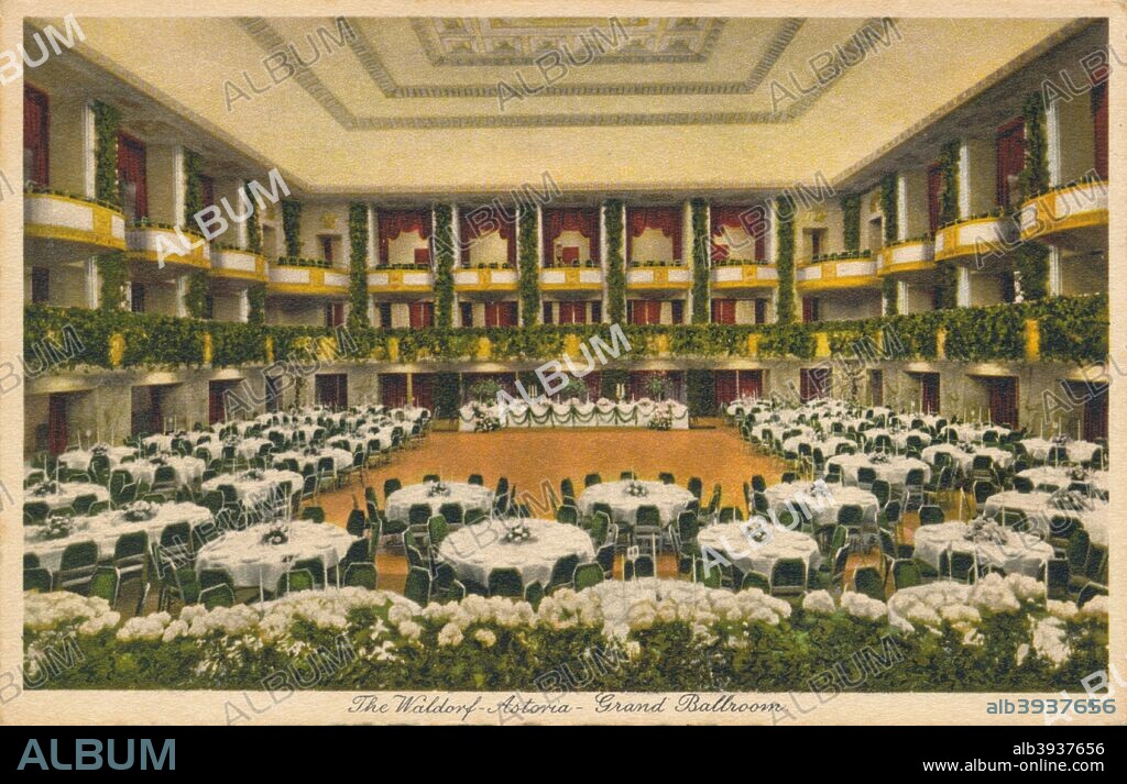 The Waldorf Astoria, Grand Ballroom, c1930s. The present hotel, at 301 Park Avenue, New York, is a 47-story 190.5 m (625 ft) Art Deco structure designed by architects Schultze and Weaver and dates from 1931. From a postcard producedc by Du.Art Steel-0-Graph Corp, c1930s.