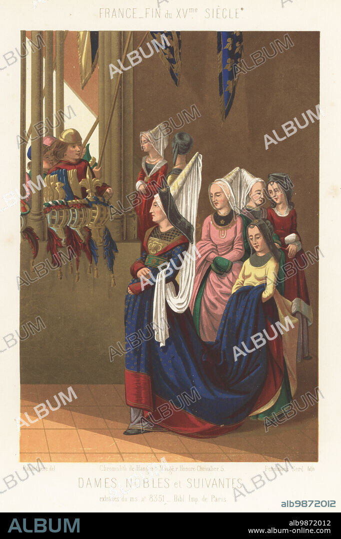 Noble women and their maids, France, 15th century. Ladies in tall hennin with long veils, gowns with long trains, walk along a hall decorated with helms and heraldic banners. Dames nobles et suivantes, fin de XVe siecle. From the illuminated manuscript King René's Tournament Book, Tournois du Roi Rene, 1460, MS 8351, Bibliotheque Imperiale de Paris. Chromolithograph by Ferdinand Sere after Auguste Racinet from Charles Louandres Les Arts Somptuaires, The Sumptuary Arts, Hangard-Mauge, Paris, 1858.