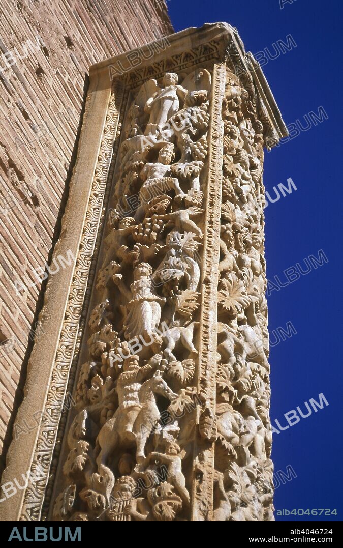 Pilasters of the Severan Basilica, Leptis Magna, Libya, 216 AD. Detail of carving on the temple built by the Libyan-born Roman emperor Severus (Lucius Septimius Severus) (146-211 AD).