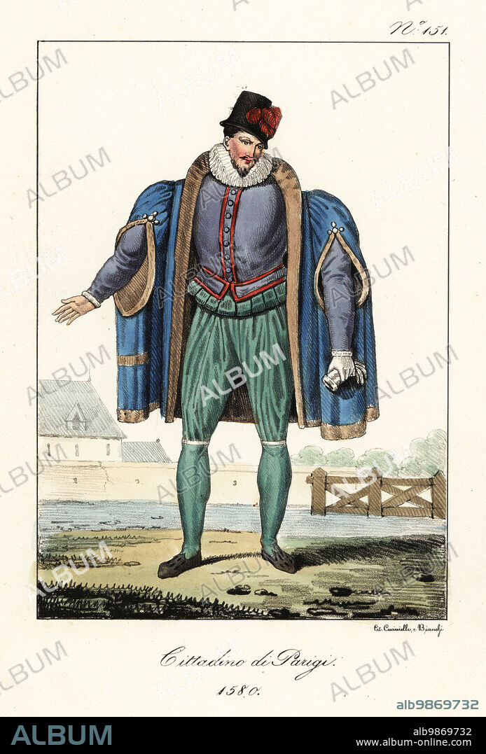 Costume of a bourgeois man of Paris, 1580. In plumed hat, short fur-lined cape with slits, ruff collar, doublet, breeches, hose. Bourgeois de Paris. Handcoloured lithograph by Lorenzo Bianchi and Domenico Cuciniello after Hippolyte Lecomte from Costumi civili e militari della monarchia francese dal 1200 al 1820, Naples, 1825. Italian edition of Lecomtes Civilian and military costumes of the French monarchy from 1200 to 1820.