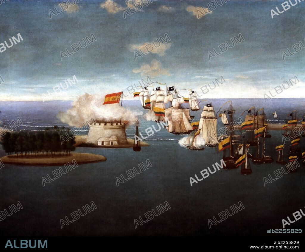 JOSE MARIA ESPINOSA. ESPINOSA, JOSE MARIA. PINTOR COLOMBIANO. 1796-1883. "ACCION NAVAL CASTILLO DE MARACAIBO", OLEO. MUSEO NACIONAL DE COLOMBIA. BOGOTA.