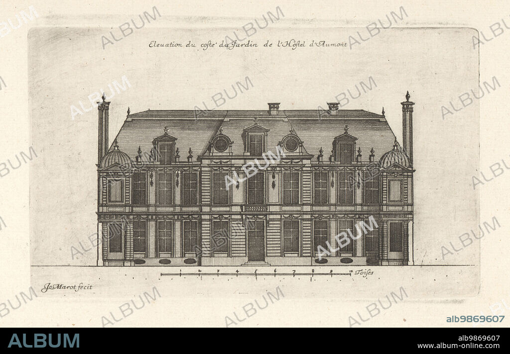 Elevation of the garden side of the Hotel d'Aumont, a former hôtel particulier or grand house at 7, rue de Jouy, Marais, Paris. Built by Louis le Vau and remodeled by architects Francois Mansart, Michel Villedo and landscape gardener Andre le Notre for the ducs d'Aumont. Elevation du coste du Jardin de l'Hotel d'Aumont. Copperplate engraving drawn and engraved by Jean Marot from his Recueil des Plans, Profils et Elevations de Plusieurs Palais, Chasteaux, Eglises, Sepultures, Grotes et Hotels,Collection of Plans, Profiles and Elevations of Palaces, Castles, Churches, Tombs, Grottos and Hotels, chez Mariette, Paris, 1655.