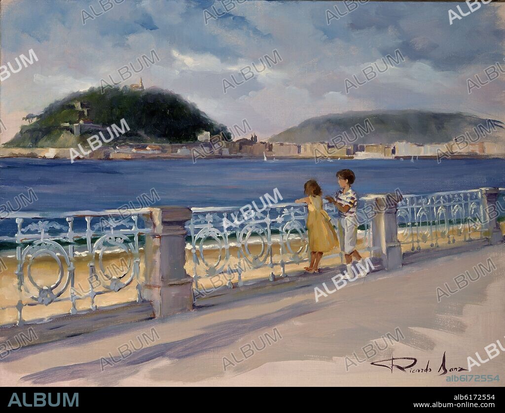 RICARDO SANZ 1957/. NIÑOS MIRANDO EL MAR DESDE EL PASEO- LA CONCHA- SAN SEBASTIAN-1998.