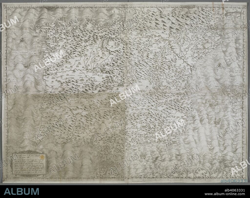 GIACOMO DI GASTALDI. A relief map of Spain. LA SPANA. Venetia : [Gastaldi, Giacomo], 1544. Source: Maps K.Top.71.3.2.TAB. Language: Italian.