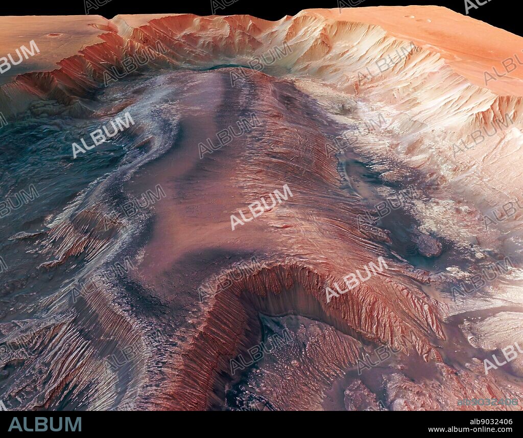 Mars Express High Resolution Stereo Camera image of Hebes Chasma.Hebes Chasma is an enclosed trough, almost 8000 m deep, in Valles Marineris, the Grand Canyon of Mars, showing Light Toned Deposits. This is an area where water is believed to have flowed. An analysis of data and images from Mars Express suggests that several Light Toned Deposits, some of the least understood structures on Mars, were formed when large amounts of groundwater burst on to the surface. Scientists propose that groundwater had a greater role in shaping the Martian surface than previously believed, and may have sheltered primitive life forms as the planet started drying up. Hebes Chasma is located at approximately 1° south and 282° east. Image data was obtained on 16 September 2005 with a ground resolution of approximately 15 m/pixel.