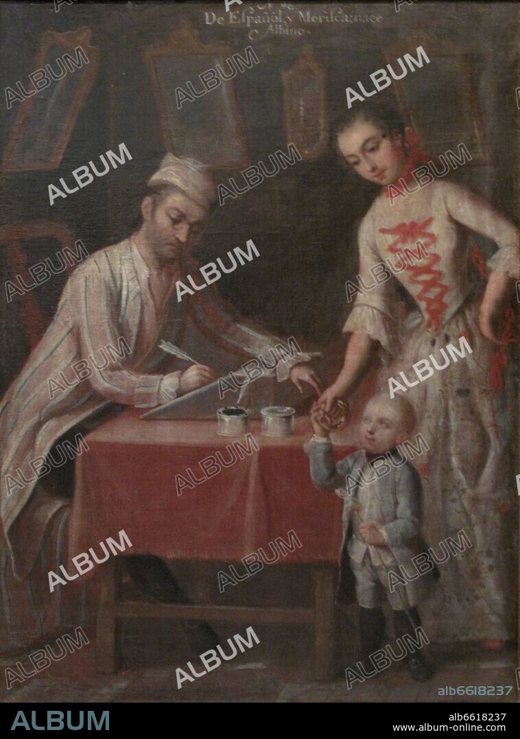 ANDRES DE ISLAS (?-1775). DE ESPAÑOL Y MORISCA NACE ALBINO - 1774 - OLEO/LIENZO - 75x54 cm - VIRREINATO DE NUEVA ESPAÑA - ESCUELA MEXICANA -.