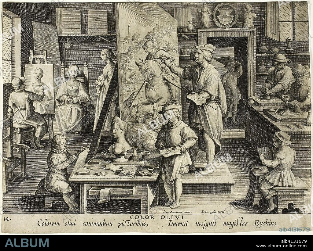 THEODOOR GALLE. The Invention of Oil Painting. Théodoor Galle (Flemish, 1571-1633); after Joannes Stradanus (Flemish, 1523-1605). Date: 1586-1596. Dimensions: 203 × 270 mm (image/sheet, trimmed within plate mark). Engraving, with plate tone, in black on cream laid paper. Origin: Flanders.