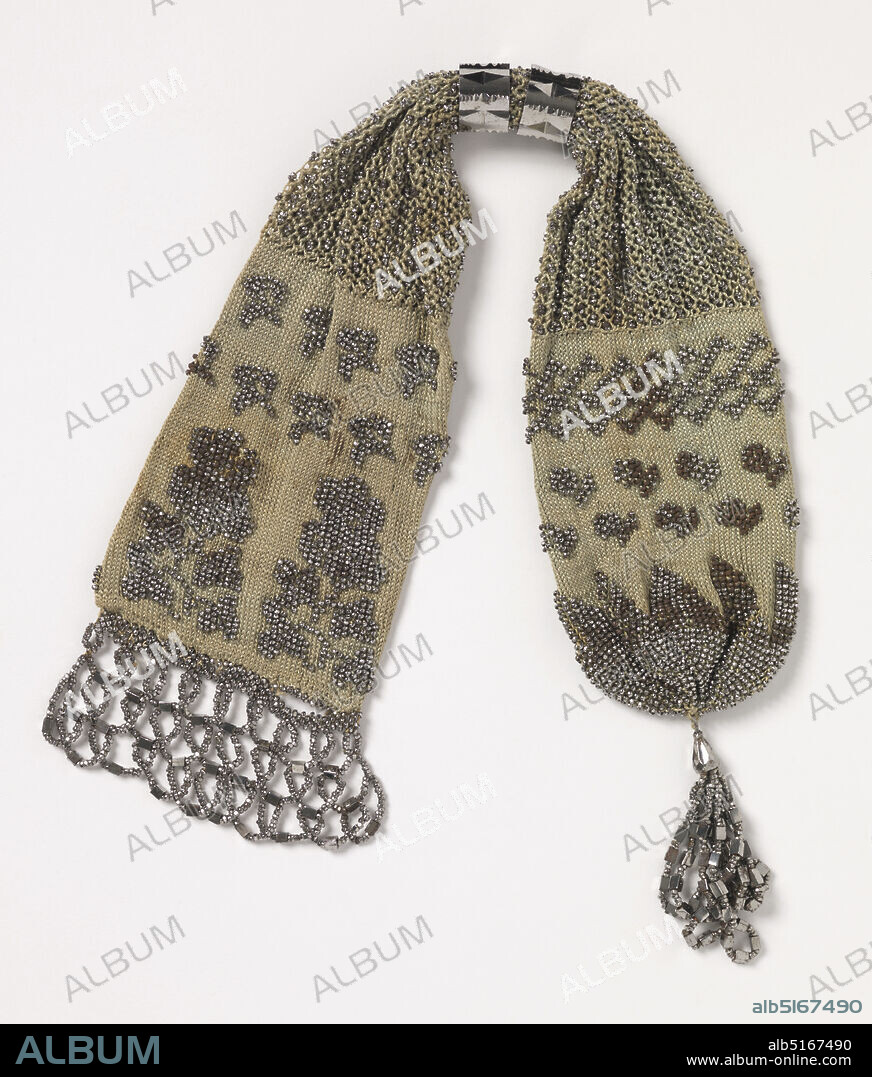 Miser's purse, Medium: silk, steel beads Technique: knitted in crossed and uncrossed stockinette and openwork stitches, Miser's purse knitted in gray silk with steel beads, with two steel rings. Finished at one end with looped fringe of steel beads, and at the other with a tassel of steel beads., Europe, USA, 185090, costume & accessories, Miser's purse.