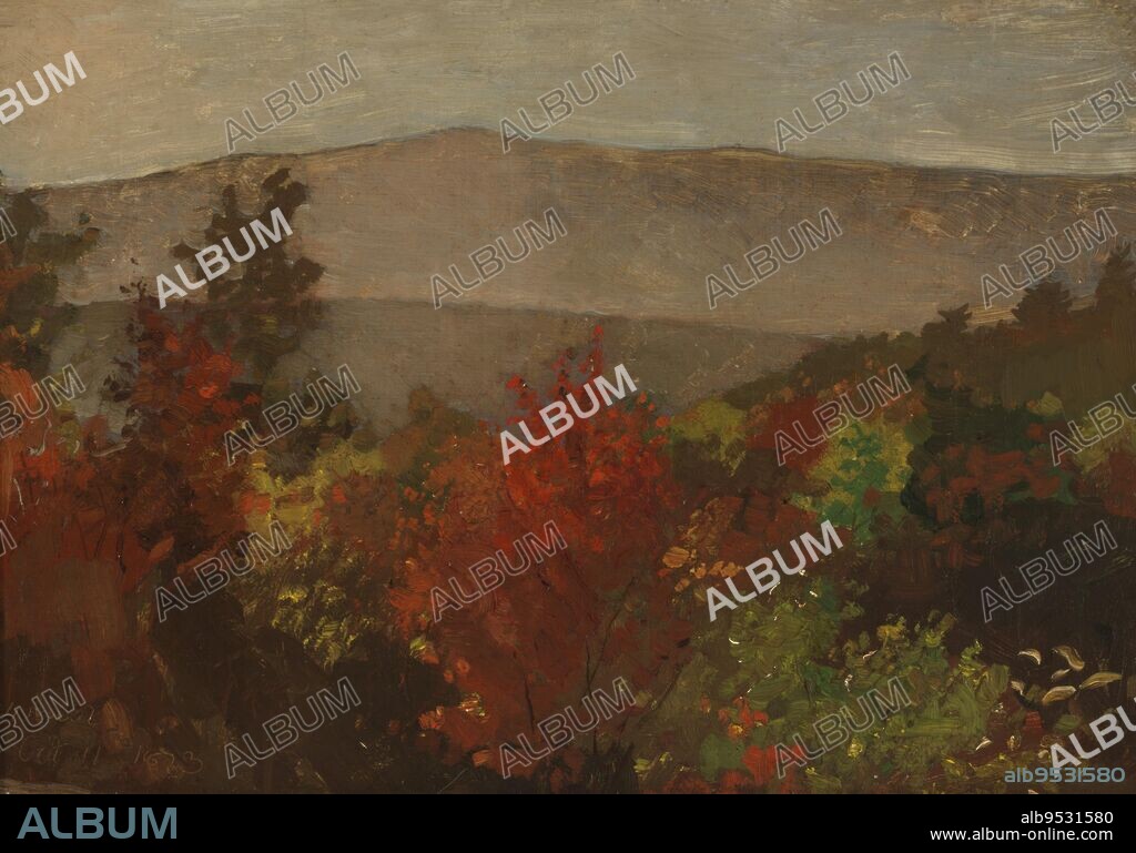 WINSLOW HOMER. View showing tree-tops in foreground, some in autumn foliage, with a range of greyish hills beyond a valley and intermediate hill. Brush and oil paint on canvas. Date: October 11, 1873.