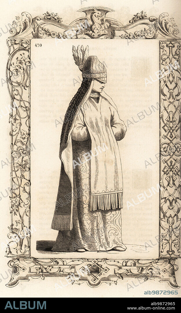 Costume of a woman of Tripoli, Libya, Ottoman Empire, 16th century. In golden headdress with plumes and veil, four hair braids falling to her shoulders, colourful silk robe covered with a white silk tabard with fringe. Within a decorative frame engraved by H. Catenacci and Fellmann. Woodblock engraving by Gerard Seguin and E.F. Huyot after a woodcut by Christoph Krieger from Cesare Vecellios 16th century Costumes anciens et modernes, Habiti antichi et moderni di tutto il mondo, Firman Didot Ferris Fils, Paris, 1859-1860.