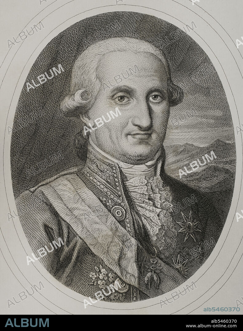 ANTOINE MASSON (1636-1700). FRENCH ARTIST.. Charles IV (1748-1819). King of Spain (1788-1808), so-called el Cazador (the Hunter). Portrait. Engraving by Masson. Lithographed by Magín Pujadas. Historia General de España, by Modesto Lafuente. Volume IV. Published in Barcelona, 1879.
