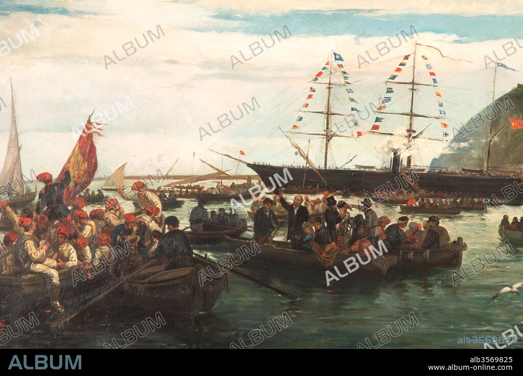 RAMÓN PADRÓ I PEDRET. Ramón Padró / "Embarque de los voluntarios catalanes a Cuba, en el puerto de Barcelona", 1872, Pintura.