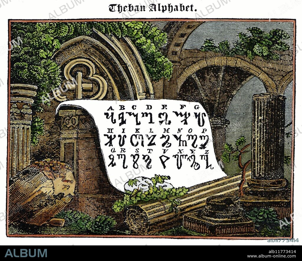 ALPHABETS - THEBAN SCRIPT. The mediaeval Theban script, with modern key, attributed to Honorius, but certainly based on the alphabet preserved by Cornelius Agrippa in De Occulta Philosophia, 1534. Hand-coloured wood engraving - illustration No. XVI from The Straggling Astrologer of the Nineteenth Century, 1848. In the Charles Walker archives are a number of wiccan magical implements in which the Theban script have been used.