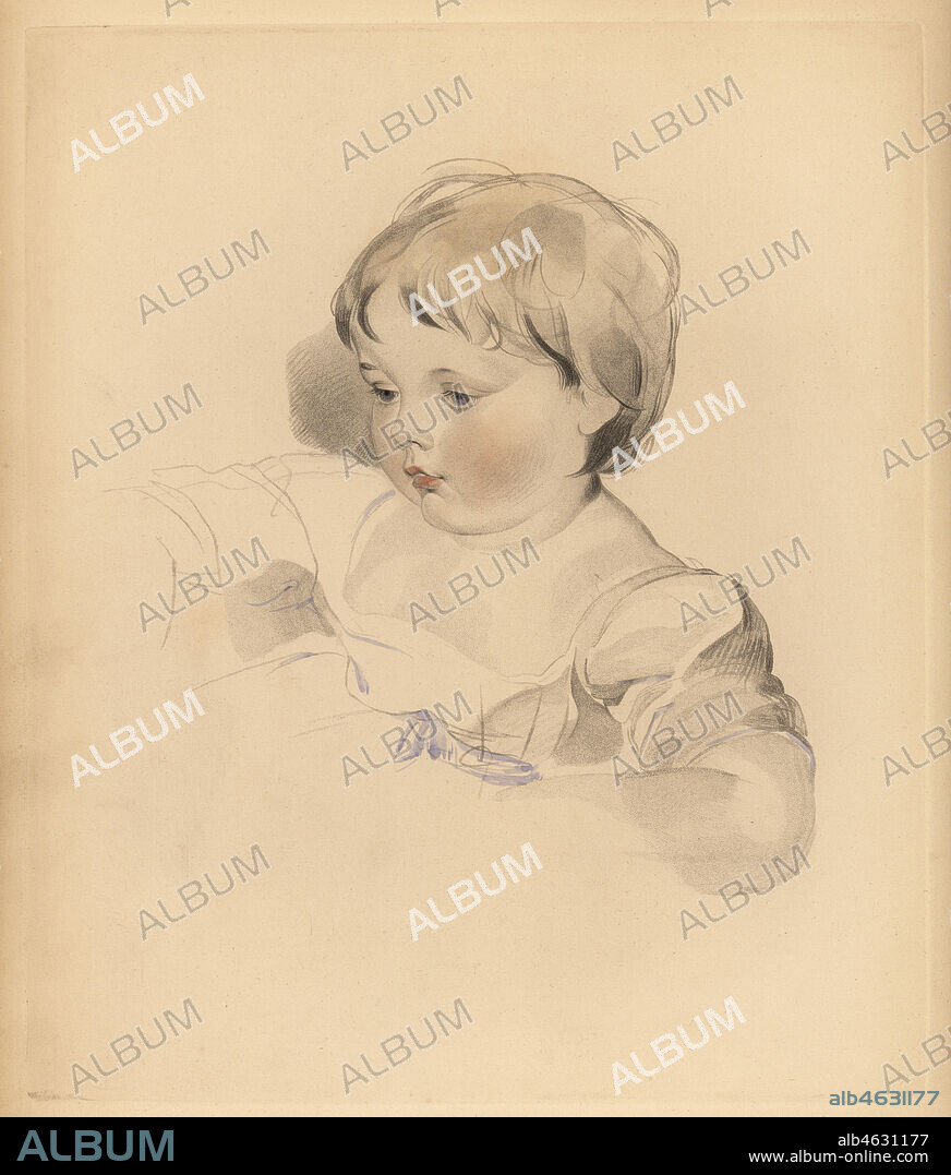 Portrait of Rowland Bloxam, nephew to Sir Thomas Lawrence. Chubby boy in dress tied with blue ribbon. Hand-tinted engraving by Frederick Christian Lewis after an illustration by Sir Thomas Lawrence from P.G. Patmores Cabinet of Gems, Ackermann, London, 1837.