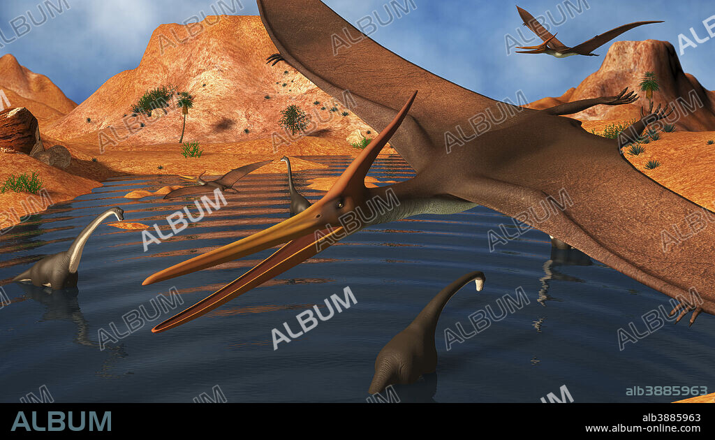 Pteranodon reptiles flying over a group of Brachiosaurus dinosaurs.