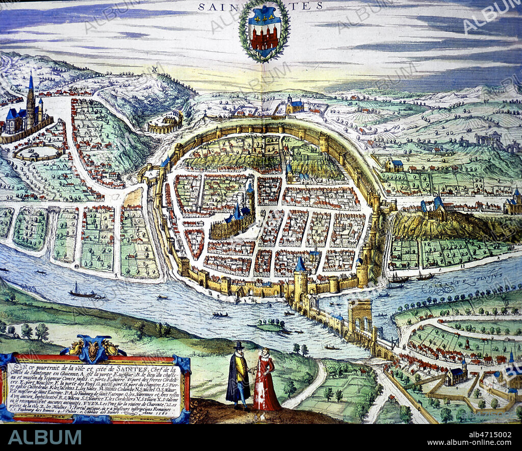 La ville de SAINTES, gravure coloriee de 1560. 16eme siecle. Carte ou plan. Collection Lallement de Betz XX . Credit Collection JEAN VIGNE/ KHARBINE TAPABOR.