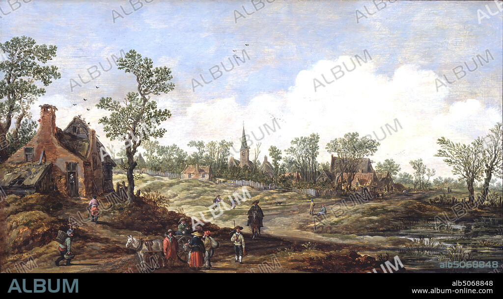 painting, Jan van Goyen, 1626, Signature front, bottom left: I. van GOYEN 1626, panel, oil paint, painted, Overall dimensions according to catalog 1983: 32 × 59cm 320 × 590mm, With frame: 49.7 × 76.2 × 5, 2cm 497 × 762 × 52mm, inn, church, village view, woman, wagon, house, dog, man, tree, horse, Painting depicting a cityscape of Leiden: a view of the Morspoort from the Morsstraat. To the left of the center of the scene marked by a white fence is the Morspoort with the buildings of Morspoort Barracks on the left, with three houses for married professional soldiers for which two officers, two women with each a child and a man with a basket on their back, are located. A gentleman stands in front of a watering place placed to the right of the gate. A man with a bag on his back walks to the right, where a woman is doing laundry and another woman is unloading a peat barge. On the right are two windmills with houses in front of them in a landscape with trees. At the far right is a bridge over the Binnenvestgracht. Signed bottom left. The painting is in a gilded wooden frame.
